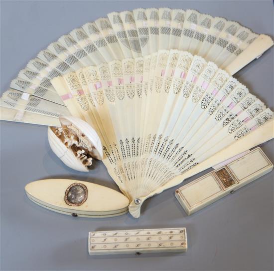 A group of 19th century ivories to include three late Georgian mounted toothpick cases, two brise fans and a Japanese okimono, fans 17c